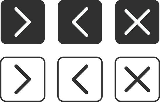 Previous next and close page button set. Chevron lest, right symbol vector