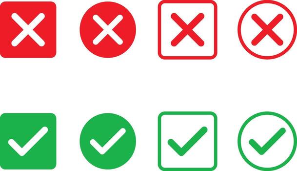 check mark and cross mark icon set. Yes, no sign. Approve and reject symbol. Green Tick and Red X Signs vector
