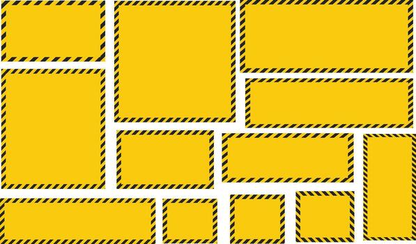black yellow caution stripes square frames. Warning tape with yellow and black Diagonal stripes rectangle square box frame. Safety attention or warning labels symbol vector