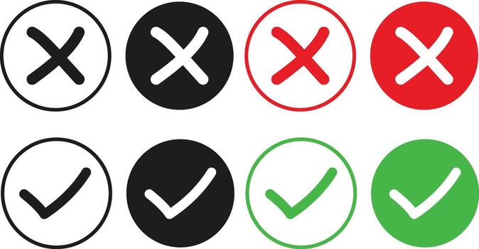 hand drawn check mark and cross mark icons set. Yes no sign. Approve and reject symbol. Green Tick and Red X Sign vector