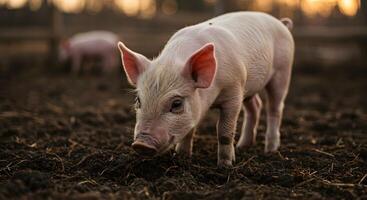 adorable cerdito en granja a puesta de sol dorado hora foto