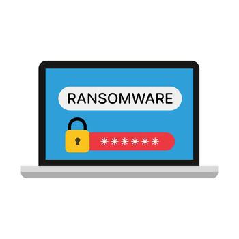 Laptop screen displays a lock icon and red password bar for ransomware attack. vector