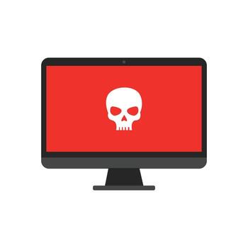 Computer monitor screen displays a white skull on a red background for malware warning. vector