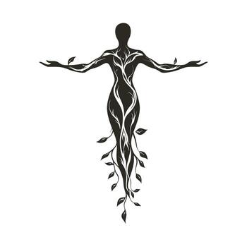 Abstract silhouette of human body merging with tree branches and leaves symbolizing nature and growth vector