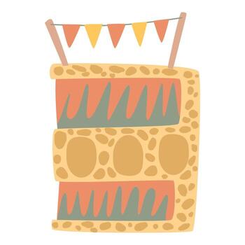 Whimsical cartoon building with decorative flags and abstract patterns vector