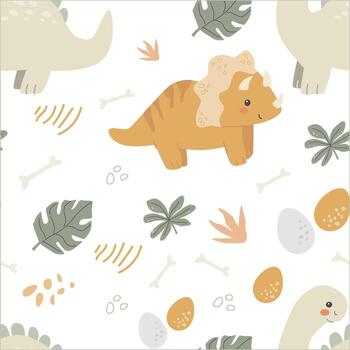 Cute dinosaur pattern with triceratops eggs bones leaves on black background vector