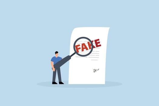 Fake document, clever entrepreneur examiner employing magnifying lens to check counterfeit document vector