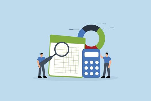 Accounting and finance audit, Business professionals accountants using calculators and spreadsheets to generate reports vector