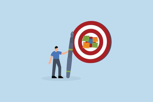 Goal setting, entrepreneur jots down objectives on paper and places them on large dartboard vector