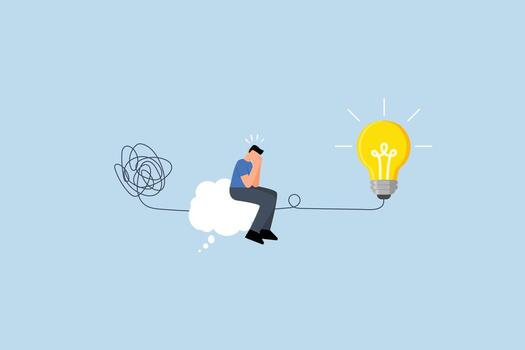 Problem solving skill, entrepreneur in thought cloud linking question mark to lightbulb answer vector