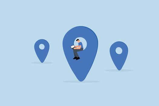 Remote job or distance work, businessman utilizing a laptop remotely with a location map pin vector