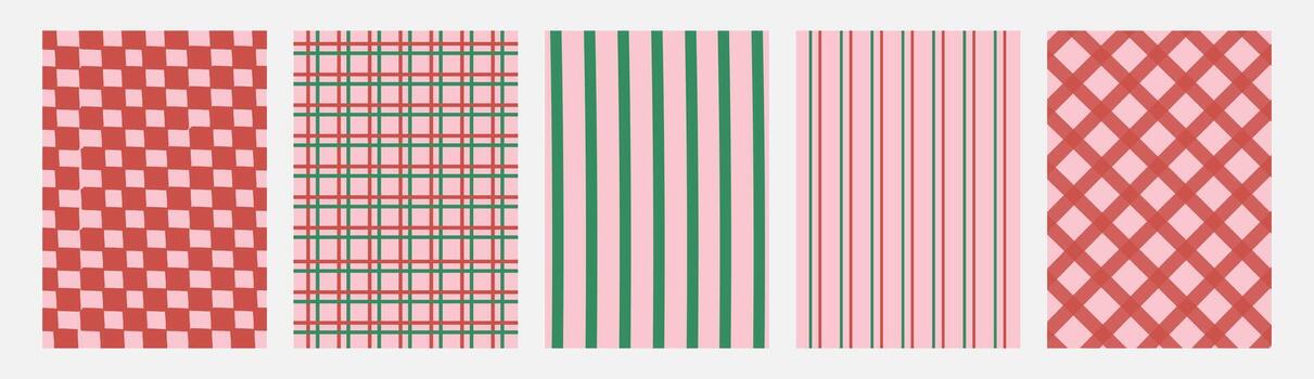 Retro whimsical Christmas backgrounds set with distorted checkerboard, plaid, vertical stripes, and lattice patterns. Festive geometric textures for holiday invitations, crafts. illustration. vector