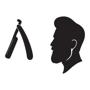 A man with a beard and a razor in front of a black silhouette vector