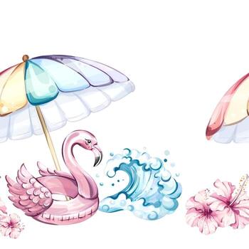 Colorful summer pattern showcases cheerful beach elements like umbrellas and a flamingo float, combined with playful ocean waves and vibrant flowers, creating a festive, relaxed atmosphere. vector