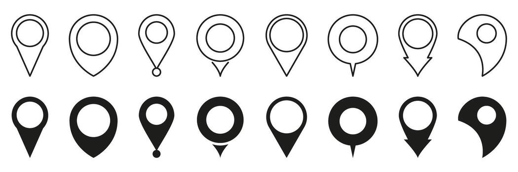 Map Location Pin Icon Set. Navigation And Geolocation Marker Outline And Solid Symbol Collection. Gps Positioning And Mapping Design Elements. Isolated Illustration vector
