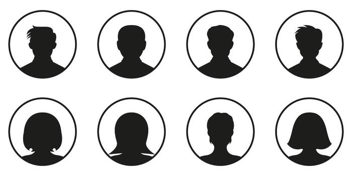 Anonymous Male and Female Profile Placeholders in Round Frames Solid Icon Set. Default User Avatars for Social Interface and Login Identity Silhouette Symbol Collection. Isolated Illustration vector