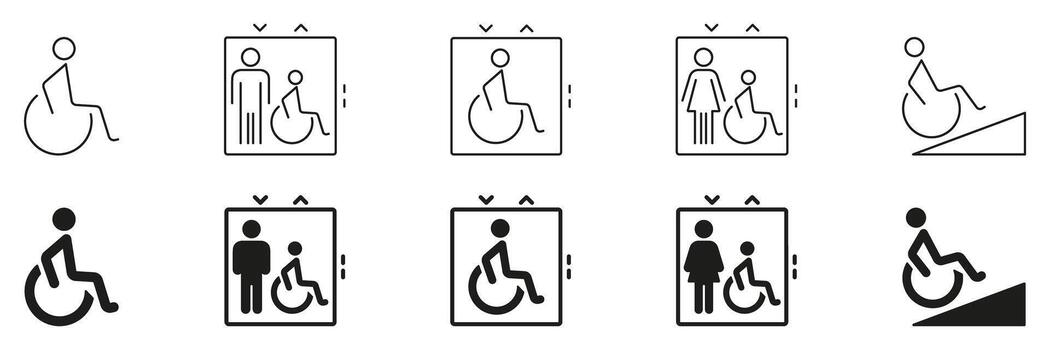 Wheelchair Accessibility And Assistance Icon Set. Disability Support, Elevator Access and Ramp Navigation Outline and Silhouette Symbol Collection. Isolated Illustration vector
