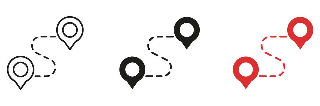 Travel Path Route with Drop Pin Line and Solid Icon Set. Location Tracking and Map Position Connection Symbol Collection. Isolated Illustration vector
