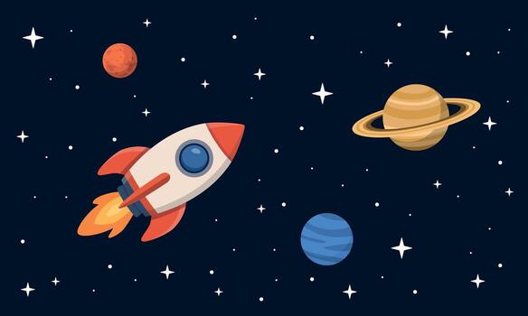 Spaceship flying between stars, planets in outer space. Space rocket flies in black cosmos. vector