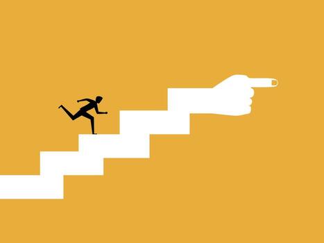 businessman runs step by step in the direction index finger points. vector