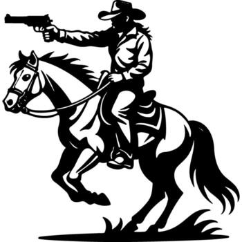 Bandit armed with a revolver aims forward while riding a horse vector