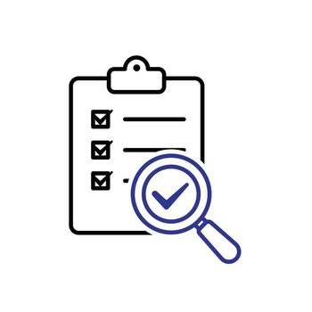 Evaluation icon. Management. Evaluation sheet with magnifying glass and check mark. manager, success. outline design style. vector