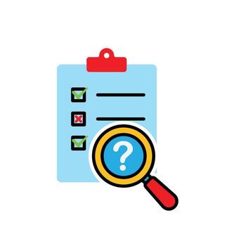 Evaluation icon. Management. Evaluation sheet with magnifying glass and question mark. manager, success. flat design style. vector