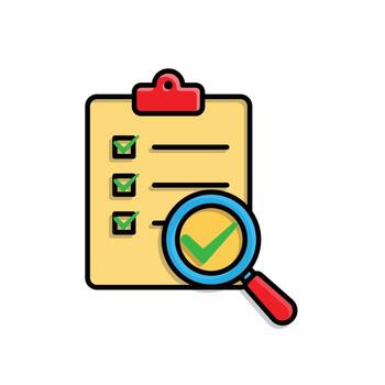 Evaluation icon. Management. Evaluation sheet with magnifying glass and check mark. manager, success. Isometric design style. vector
