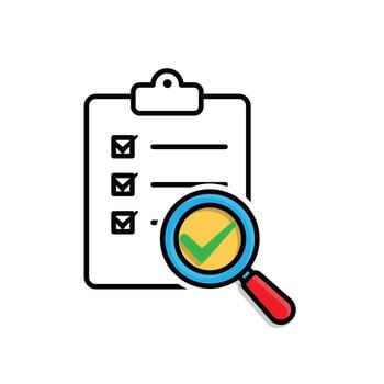 Evaluation icon. Management. Evaluation sheet with magnifying glass and check mark. manager, success. mixed design style. vector