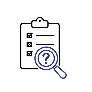 Evaluation icon. Management. Evaluation sheet with magnifying glass and question mark. manager, success. outline design style. vector