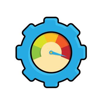 Performance icon. Management. Speedometer inside a gear with a maximum needle. manager, success. Isometric design style. vector