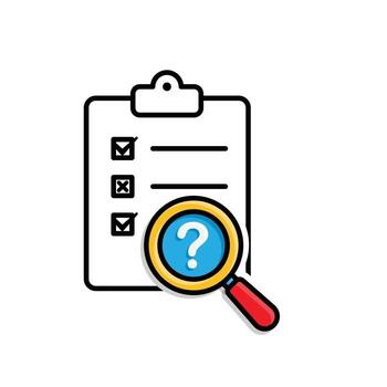 Evaluation icon. Management. Evaluation sheet with magnifying glass and question mark. manager, success. mixed design style. vector