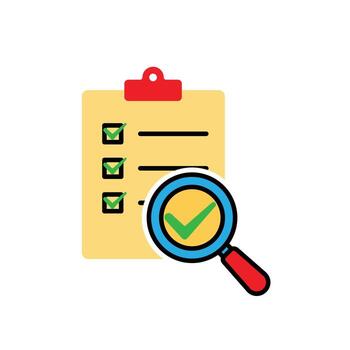 Evaluation icon. Management. Evaluation sheet with magnifying glass and check mark. manager, success. flat design style. vector
