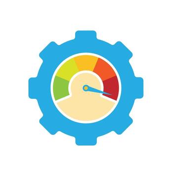 Performance icon. Management. Speedometer inside a gear with a maximum needle. manager, success. flat design style. vector