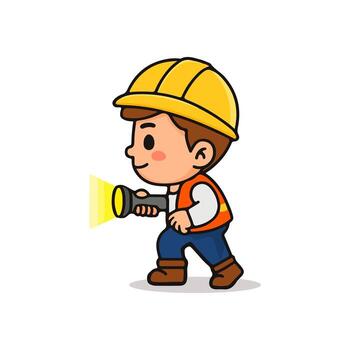 linda construcción trabajador dibujos animados ilustración con Linterna. constructor personaje buscando con antorcha lámpara chibi estilo. vector