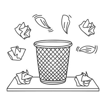 A wastebasket under a table with crumpled notes vector