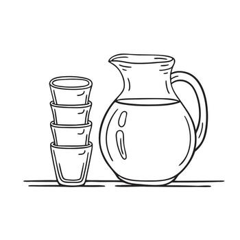 A water jug placed beside a stack of empty glasses on the table vector