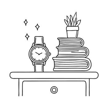 A watch placed near a stack of books on a bedside table vector