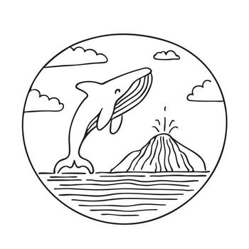 A whale jumps out of the ocean with a mountain island in the background vector
