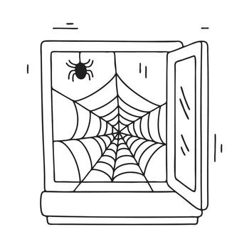 un web en un ventana con un araña descansando a el esquina vector