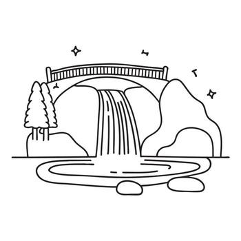 A waterfall close to a bridge crossing over a shallow stream vector