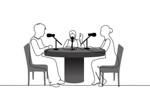 group of people sitting at a round empty table and hosting a podcast - one line art . Concept audio podcast, radio program vector