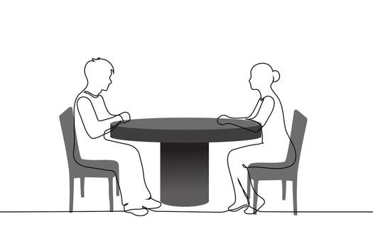 man and a woman sitting at a round empty table opposite each other - one line art . Concept blind date, job interview, business meeting vector