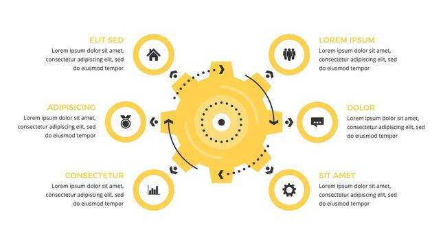 Infographic template with a yellow gear with six elements for icons and text vector