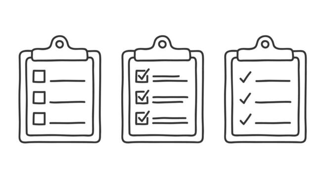 portapapeles con cheque cajas, cheque lista iconos, mano dibujado garabatear estilo vector