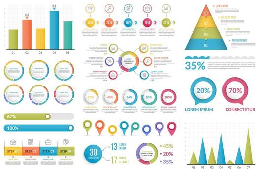 Infographic elements bundle - bar chart, pyramid chart, circle diagram, timeline, steps and options vector