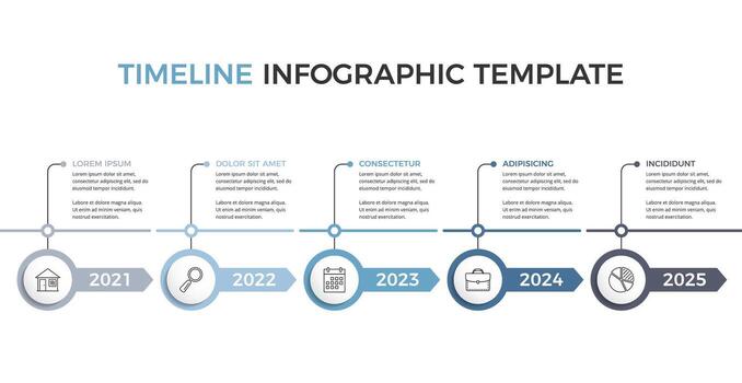 Horizontal timeline infographics template with five arrows with place for icons, dates and text vector