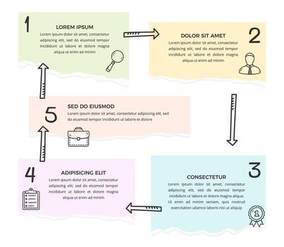 Infographic template with five paper notes connected with hand drawn arrows, circle diagram vector