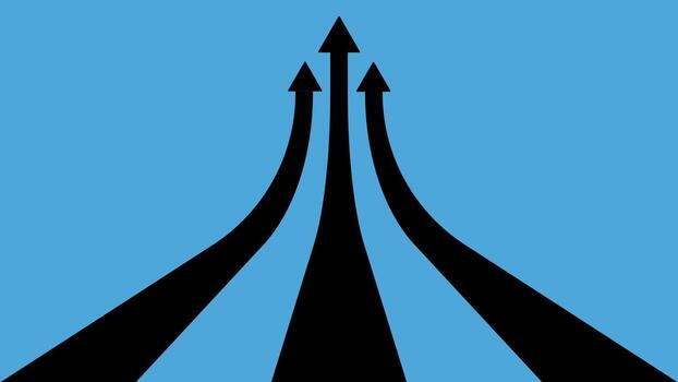 A striking minimalist illustration showing three curved black arrows converging and moving upward towards a central point on a blue background, Symbolizes growth, direction, progress and success vector