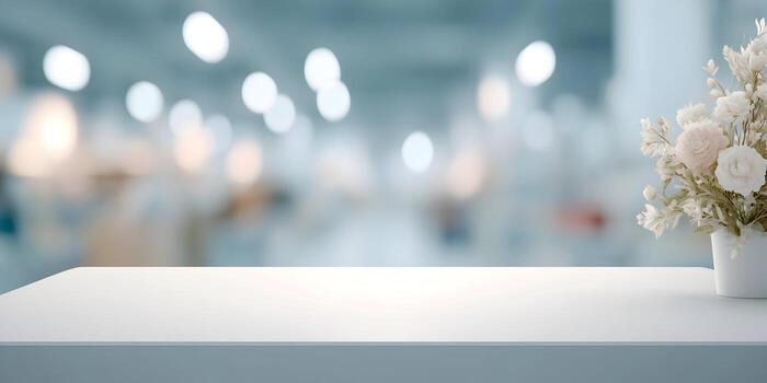 An elegant empty white table surface with a floral arrangement in a white pot on the right and a soft bokeh background photo